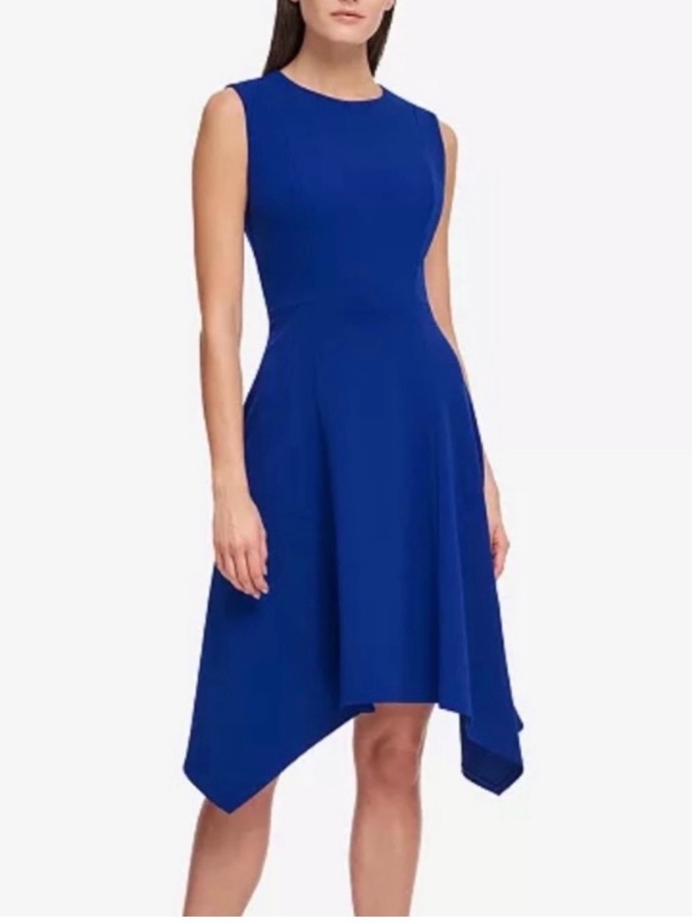 DKNY Sleeveless Cobalt Blue Handkerchief Hem Midi Dress